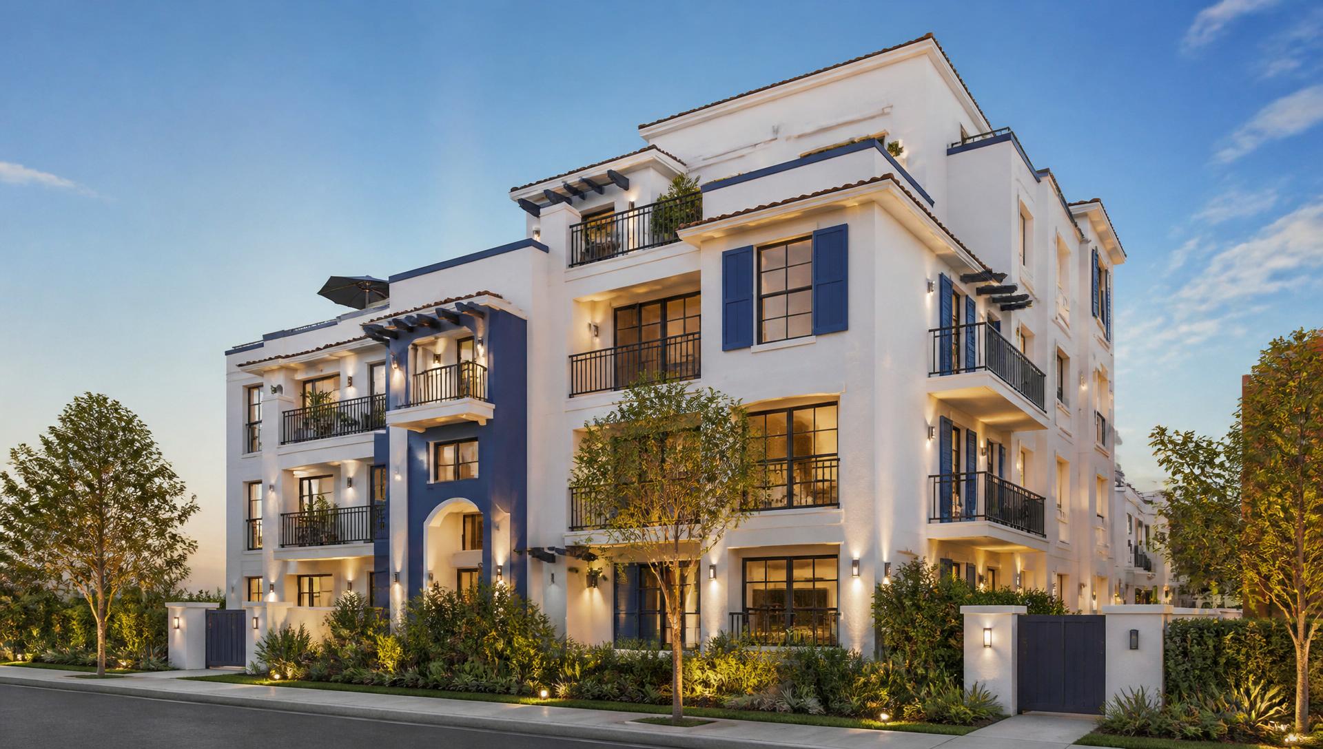 Edificio residencial moderno al atardecer